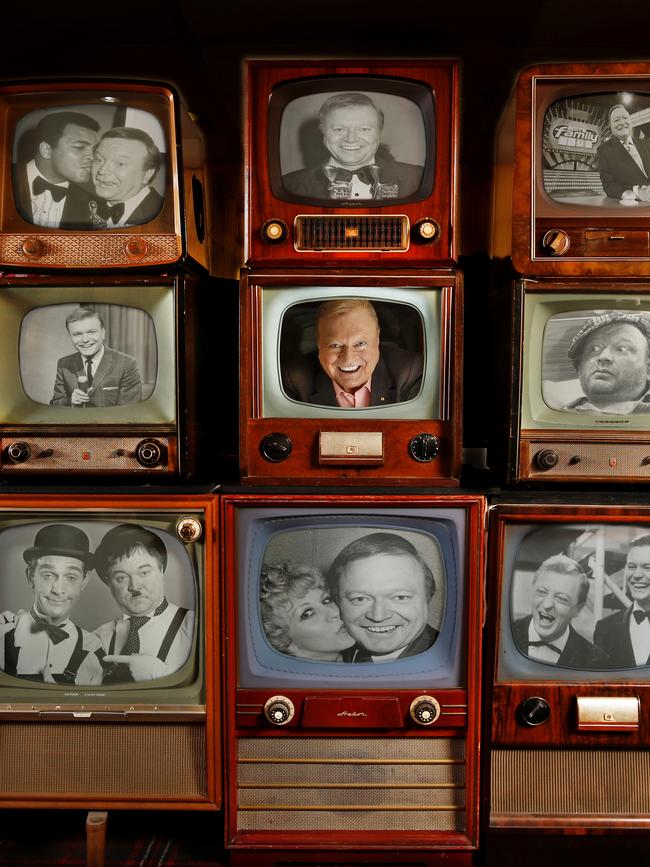 Old TV sets showing iconic moments from the entertainer’s life on the small screen. Picture: David Caird.