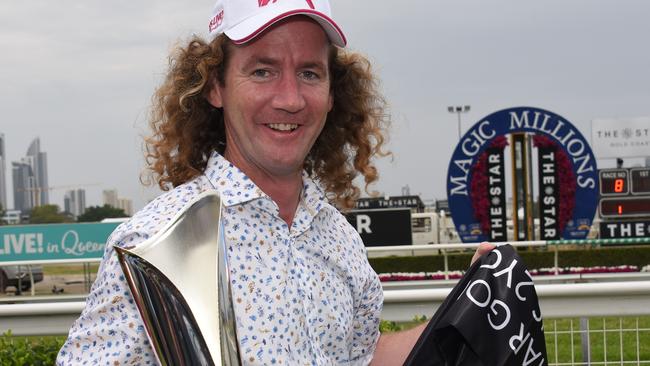 Victorian trainer Ciaron Maher celebrating Away Game’s Magic Millions win. Picture: Steve Holland