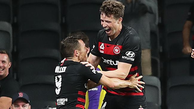 Patrick Ziegler celebrates scoring the Wanderers’ goal. Picture: Getty Images