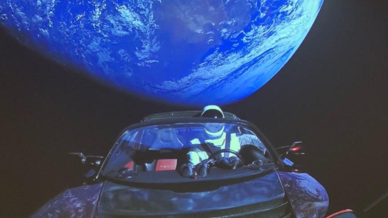 Space X boss Elon Musk sent a Tesla car into space aboard his new SpaceX Falcon Heavy rocket. Picture: Twitter/@elonmusk