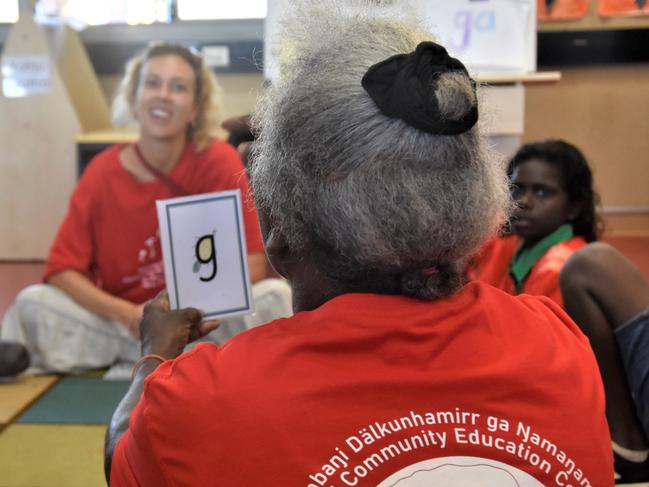 A Milingimbi Community Education Centre teacher works through letters with her class. It comes as the school celebrates its 50th anniversary of bilingual education. Picture: Sierra Haigh