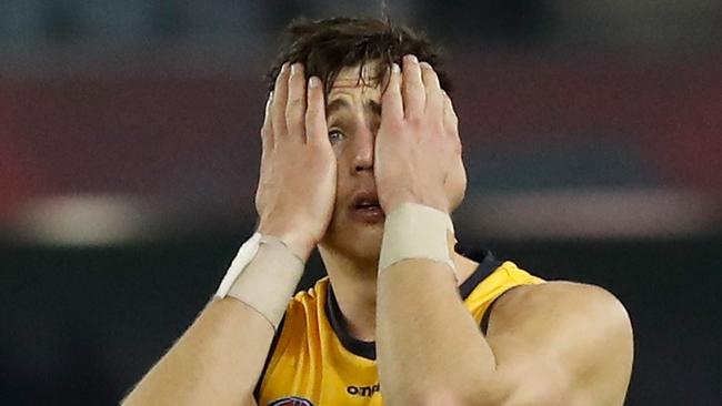 MELBOURNE, AUSTRALIA - JULY 09: Jake Kelly of the Crows looks dejected after a loss during the 2021 AFL Round 17 match between the Essendon Bombers and the Adelaide Crows at Marvel Stadium on July 9, 2021 in Melbourne, Australia. (Photo by Michael Willson/AFL Photos via Getty Images)