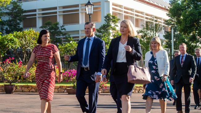 Michael Gunner, centre, and his new ministry make their way to Government House to be sworn in for the new cabinet. Picture: Che Chorley