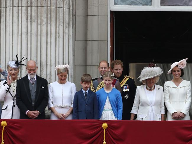 Lady Gabriella’s parents, Britain's Princess Michael of Kent and Britain's Prince Michael of Kent (far left) as they join members of the royal family at Trooping The Colour in 2016. Picture: AFP/JUSTIN TALLIS