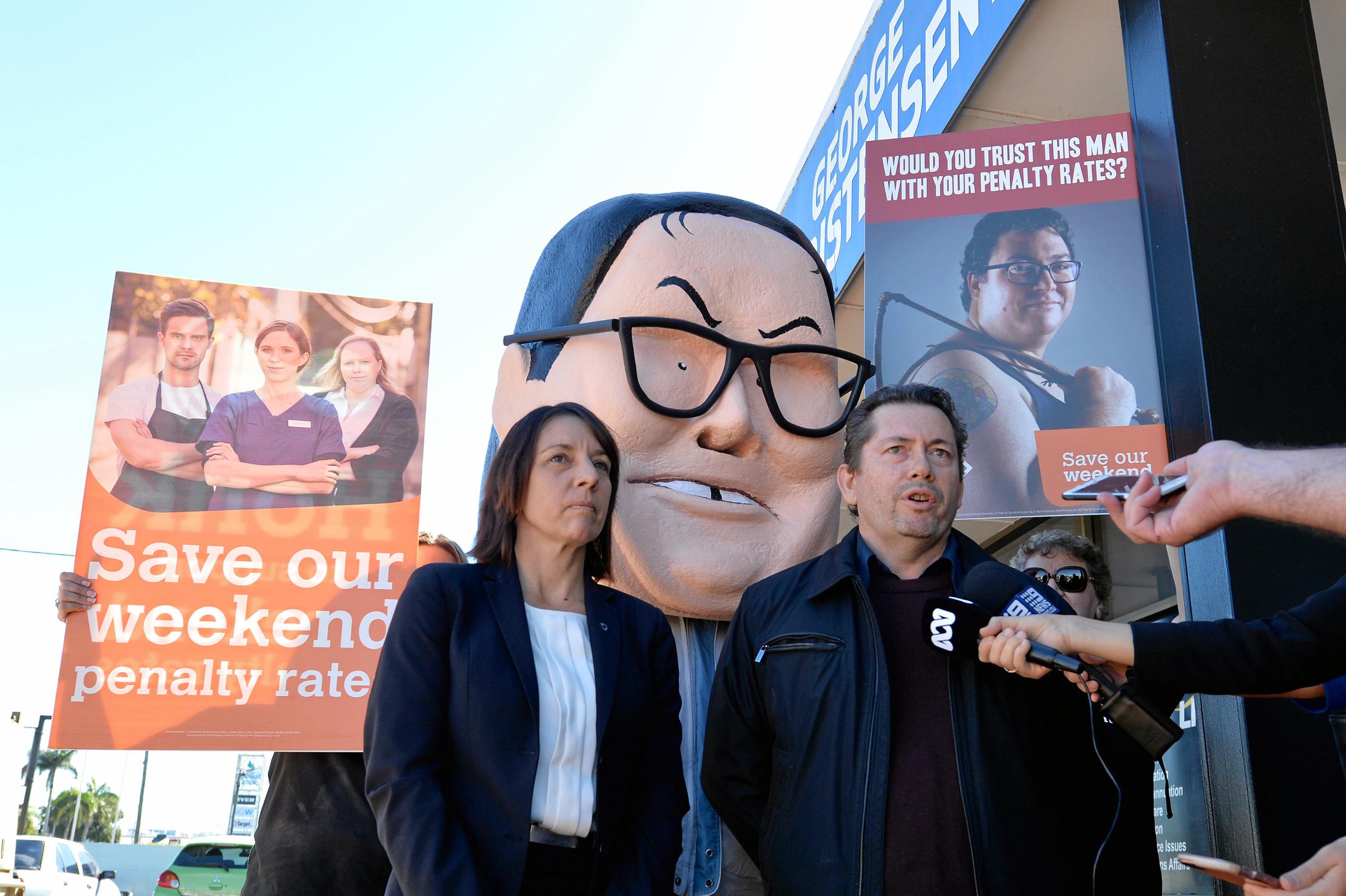 United Voice protesting for penalty rates at MP for Dawson George Christensen office in Mackay. Labour candidate for Dawson Belinda Hassan and Glenn Conroy from United Voice Union. Picture: Stuart Quinn