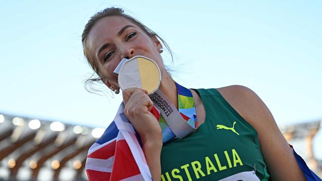 Australia's Kelsey-Lee Barber after winning javelin gold at the World Athletics Championships. (Photo by ANDREJ ISAKOVIC / AFP)