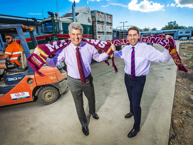 Sport Minister Stirling Hinchliffe and Treasurer Cameron Dick gear up for the big game. Picture: Nigel Hallett