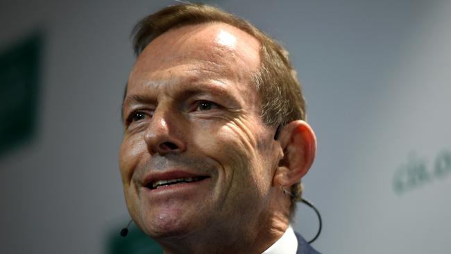 Former prime minister Tony Abbott takes questions after a speech on the state of the Australian political landscape at The Centre for Independent Studies in Sydney, Saturday, August 25, 2018. (AAP Image/Joel Carrett) NO ARCHIVING