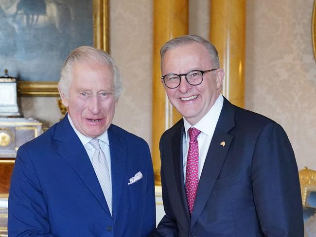 LONDON, ENGLAND - MAY 02: (L-R) King Charles III hosts an Audience with the Australian Prime Minister Anthony Albanese at Buckingham Palace on May 2, 2023 in London, England. (Photo by Jonathan Brady - WPA Pool/Getty Images)