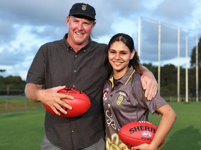 Norths Tigers junior player Heidi Talbot, pictured with her father Damien Talbot, has been nominated for the 2024 AFLW draft for the 2025 season. Picture: Brendan Radke