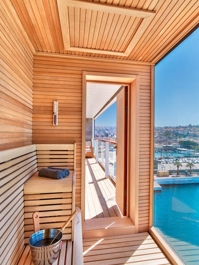 Ocean view sauna room inside the Owner's Suite Stateroom on-board the Viking Neptune.