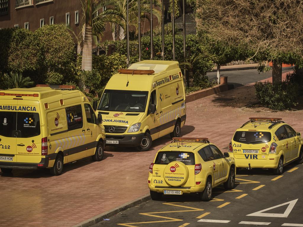 Ambulances park outside the hotel. Picture: AP