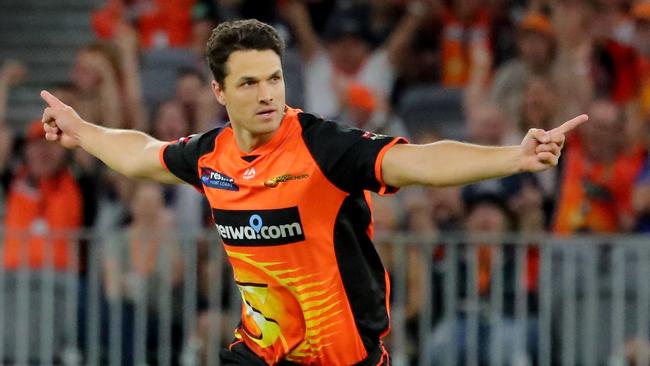 Aussie quick Nathan Coulter-Nile celebrates a wicket for Perth Scorchers.