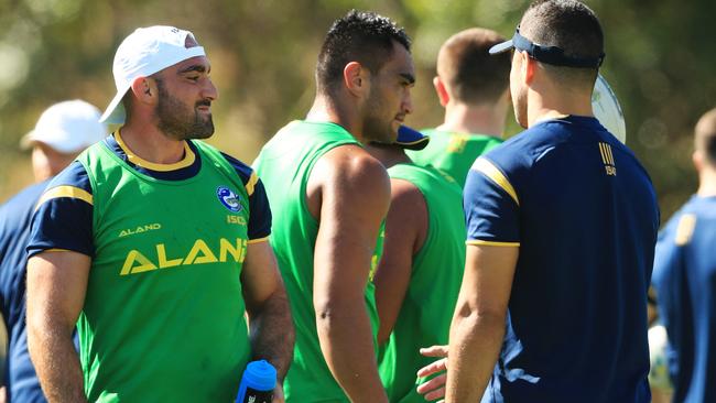 NRL  Eel Tim Mannah and team mates during Parramatta training at Old Saleyards Reserve, North Parramatta . Pic Jenny Evans