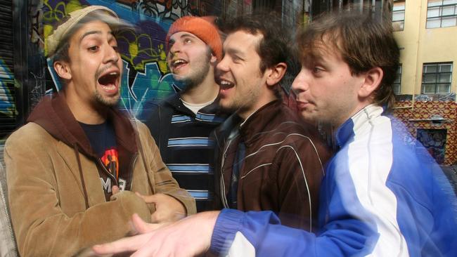 Hamilton creator Lin-Manuel Miranda, with Freestyle Love Supreme, spitting rhymes in a Melbourne laneway in 2006. Picture: Supplied.