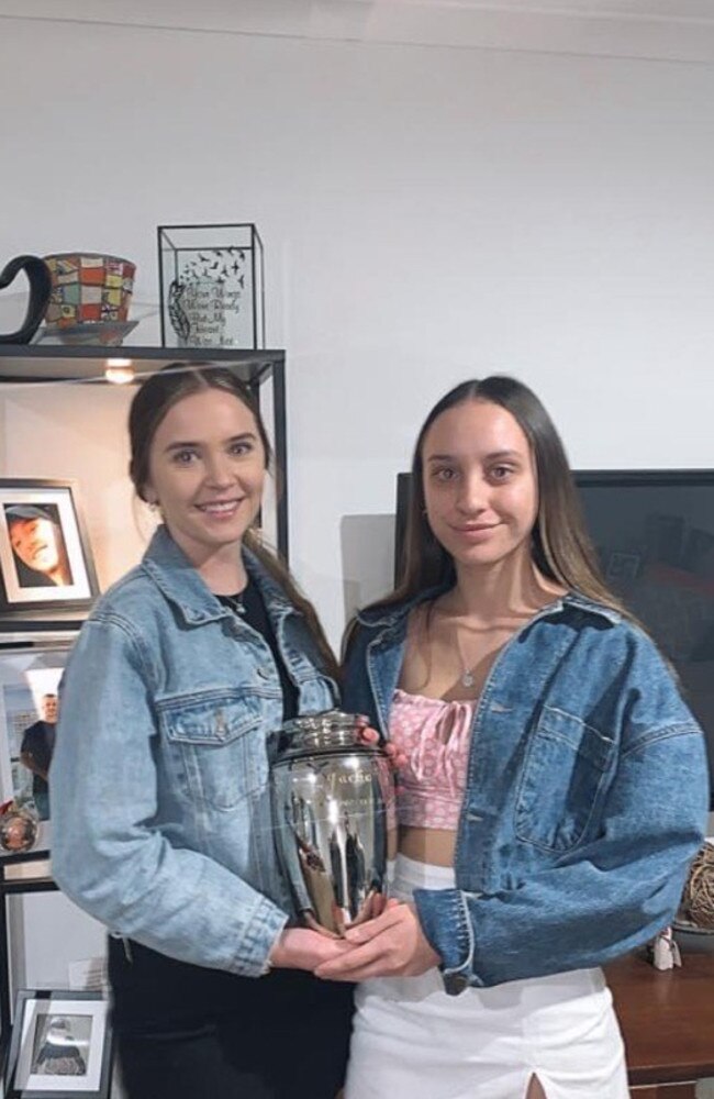 Chloe Thomson, 18 and Shae Graham, 18, with Jack's urn. Photo: Supplied.