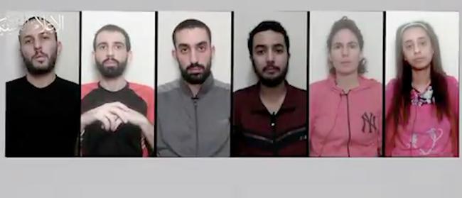 The six hostages found dead in a Gaza tunnel in a propaganda video shared by Hamas before they were shot dead.