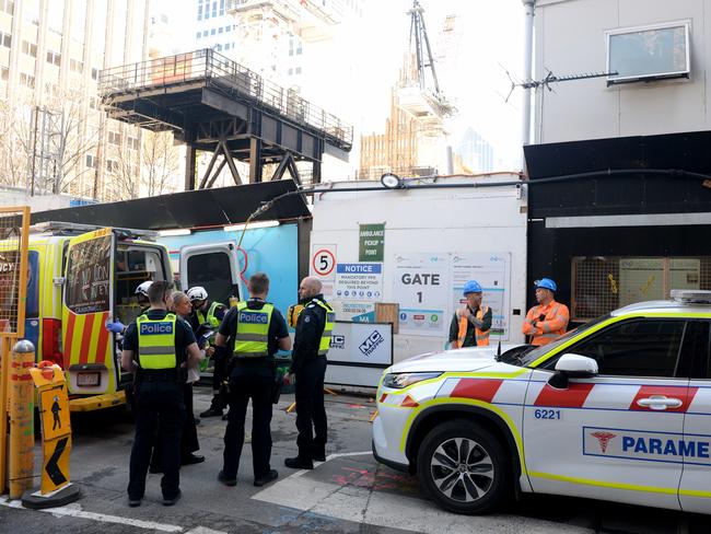 Emergency services respond to a man allegedly armed with a knife running through the metro station being constructed above the city square. Picture: NewsWire / Andrew Henshaw