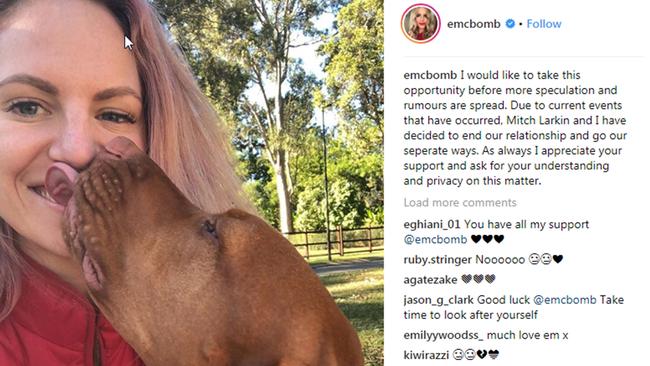 Emily Seebohm announced her split with partner Mitch Larkin via Instagram.