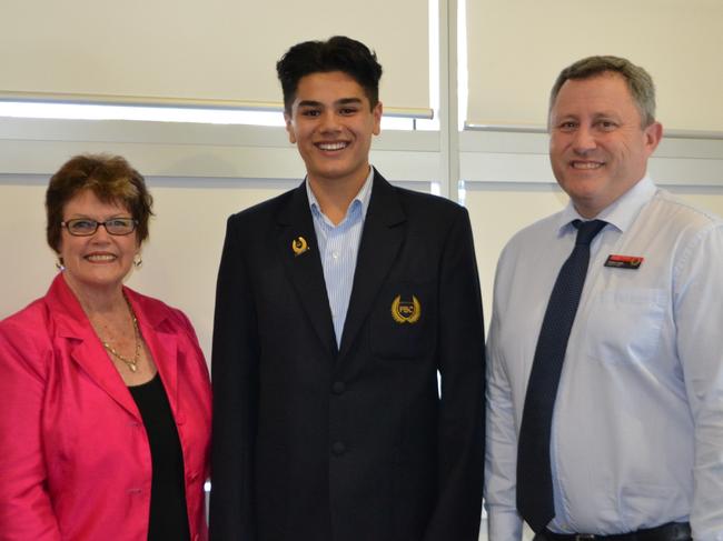 Sheldon Riley pictured in 2016 with councillor Daphne McDonald and then PBC Executive Principal Stephen Loggie when he was a member of the Student Council.