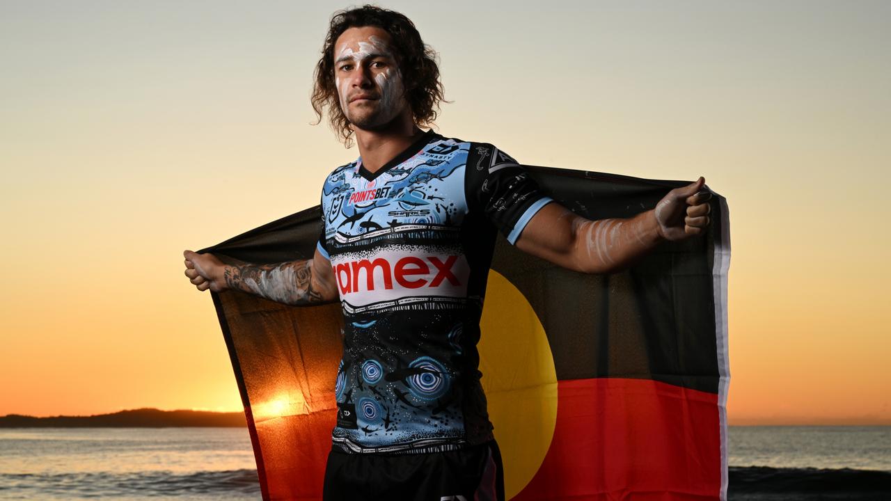 Cronulla Sharks star Nicho Hynes at the beach as part of Indigenous round. Digital image by Grant Trouville © NRL Photos