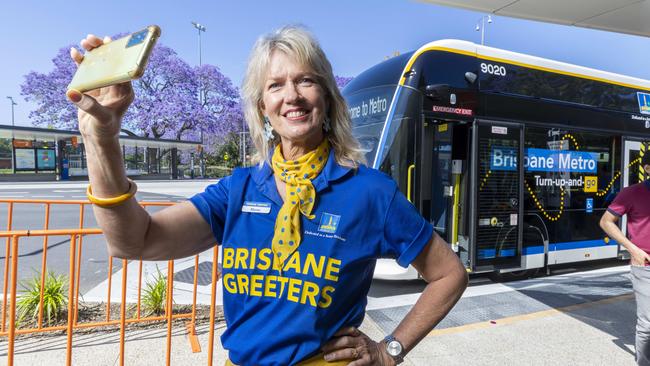 Brisbane Greeter Maree Trappett at UQ Lakes Station, St Lucia for Brisbane Metro ride, Saturday, October 12, 2024 – Picture: Richard Walker