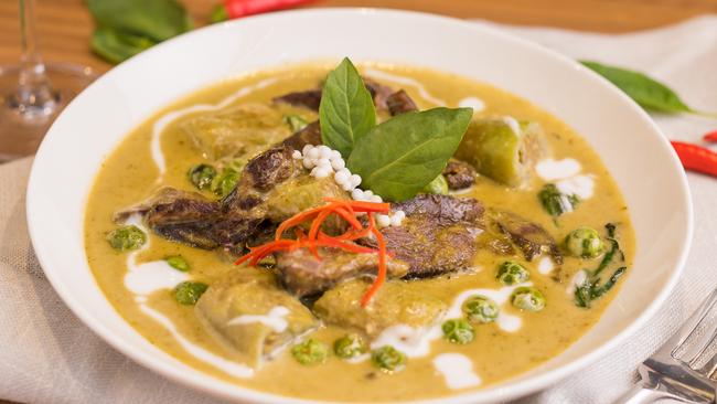 House made green curry with braised beef cheek and grilled eggplant, Jumbo Thai