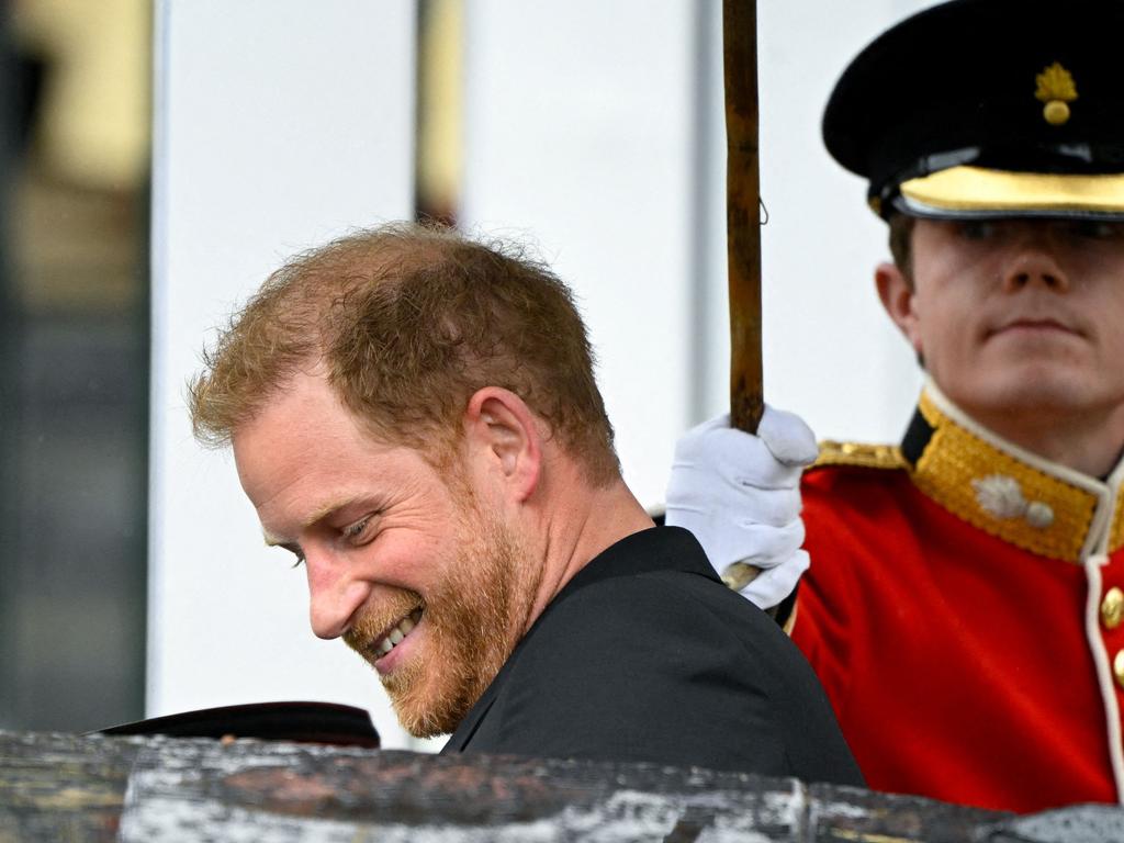 Prince Harry, Duke of Sussex leaves Westminster Abbey after the Coronation. Picture: AFP