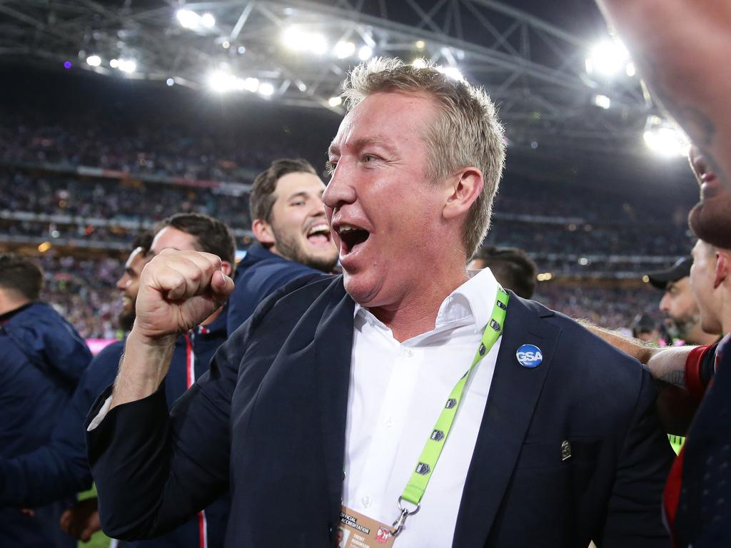 Trent Robinson celebrating winning with his team during the 2018 NRL Grand Final between the Sydney Roosters and Melbourne Storm at ANZ Stadium, Sydney. Picture: Brett Costello