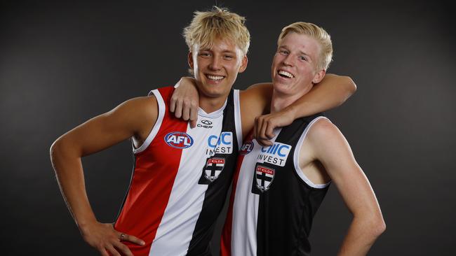 NCA. MELBOURNE, AUSTRALIA. 20th November 2024.  AFL Draft  at Marvel stadium .   Alix Tauru and Tobie Travaglia after being drafted to St Kilda.  Picture: Michael Klein