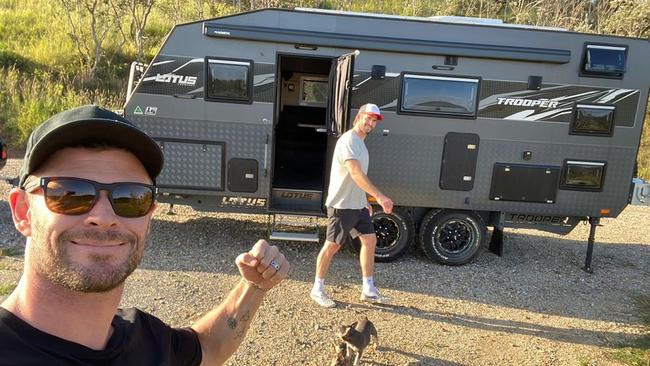 Chris and Liam Hemsworth, on a sand dune surfing trip. Picture: Facebook