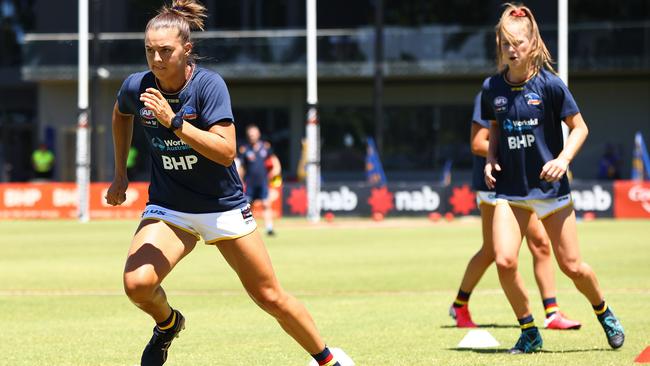 Ebony Marinoff of the Crows warms up during the round one AFLW match between the West Coast Eagles and the Adelaide Crows at Mineral Resources Park on January 30, 2021 in Perth, Australia. Picture: PAUL KANE/GETTY IMAGES