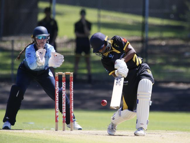 Athira Kumar gets to the pitch of the ball. Picture Warren Gannon Photography