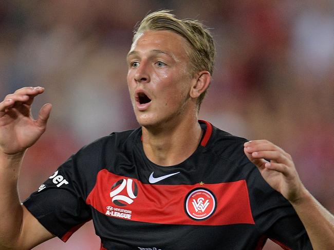SYDNEY, AUSTRALIA - DECEMBER 09:  Lachlan Scott of the Wanderers reacts after a shot at goal during the round 10 A-League match between the Western Sydney Wanderers and Sydney FC at ANZ Stadium on December 9, 2017 in Sydney, Australia.  (Photo by Brett Hemmings/Getty Images)