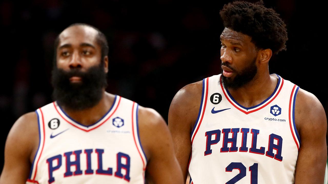 BOSTON, MASSACHUSETTS - MAY 14: James Harden #1 and Joel Embiid #21 of the Philadelphia 76ers reacts against the Boston Celtics during the third quarter in game seven of the 2023 NBA Playoffs Eastern Conference Semifinals at TD Garden on May 14, 2023 in Boston, Massachusetts. NOTE TO USER: User expressly acknowledges and agrees that, by downloading and or using this photograph, User is consenting to the terms and conditions of the Getty Images License Agreement. Adam Glanzman/Getty Images/AFP (Photo by Adam Glanzman / GETTY IMAGES NORTH AMERICA / Getty Images via AFP)