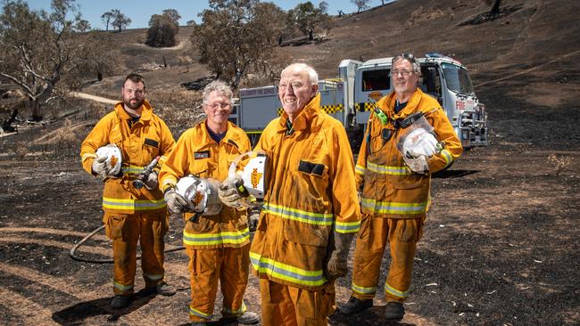 HEROES: Week on from the Cudlee Creek fire, CFS volunteers were still monitoring the fire and extinguishing burning trees at the turn of the new year.. Meadows CFS volunteers Reece Lorde, John Paterson, John Morley and Greg Gilbert on the fire ground at Rockleigh. Picture: Brad Fleet