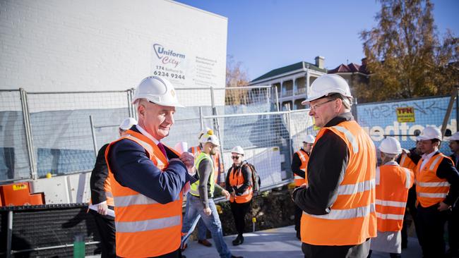 Premier Peter Gutwein and Roger Jaensch at the announcement of Tasmania’s massive construction program. Picture: Richard Jupe