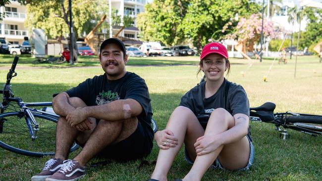 Phillip Lita and Bridget Hall as DJ on the Bike Dom Whiting hit the streets of Darwin for the first time. Picture: Pema Tamang Pakhrin