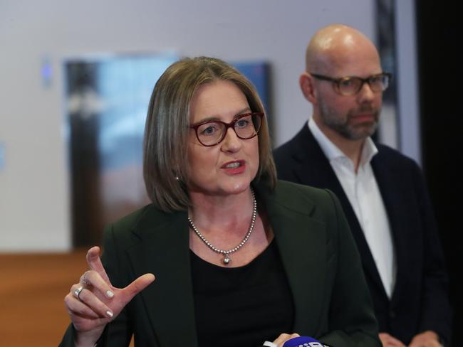 Victorian Premier Jacinta Allan holds a door stop press conference outside a Housing conference in Melbourne along with Jeroen Weimar who is heading up the governments housing policy. Monday, August 5. 2024. Picture: David Crosling