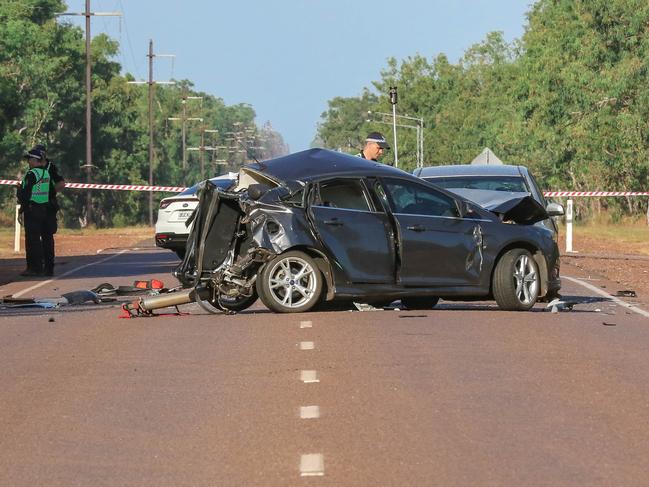 The horrific scene of the crash at Humpty Doo in which a woman was killed. Picture: Glenn Campbell