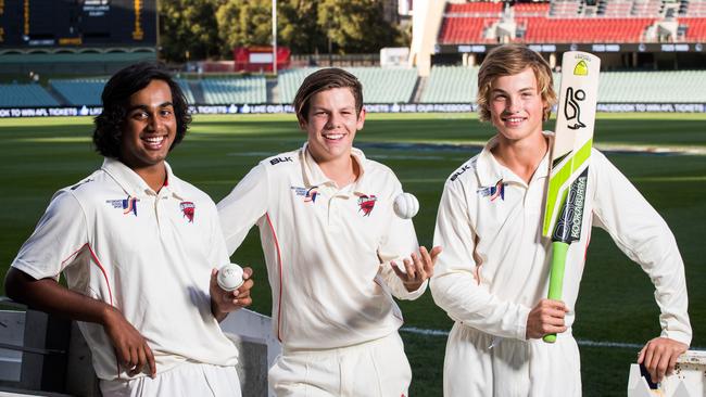 Sam Rahaley (far right) pictured with Suraj Rajesh and Kyle Brazell at Adelaide Oval last year after being selected in the under-16 Australian squad.                                            Picture: Matt Loxton.