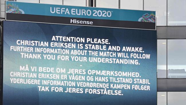 A screen in the stadium displays information on Denmark midfielder Christian Eriksen. Picture: AFP