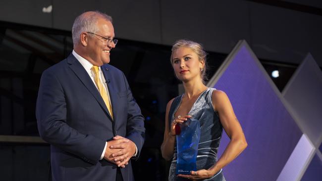 Prime Minister Scott Morrison with Australian of the Year Award winner Grace Tame. Picture: NCA NewsWire / Martin Ollman