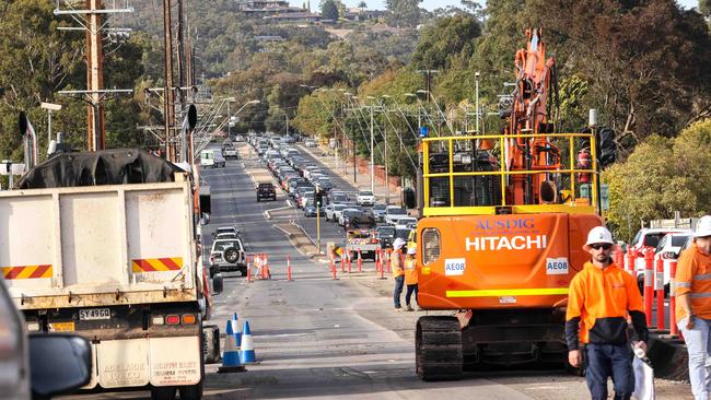The traffic jam was caused by roadworks for the Springbank Rd/Daws Rd intersection upgrade. Picture: Russell Millard