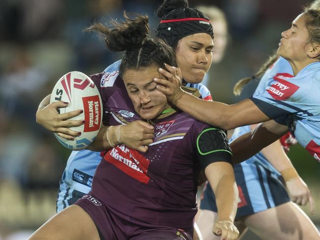 Annette Brander tackled during the women's State of Origin match in June.