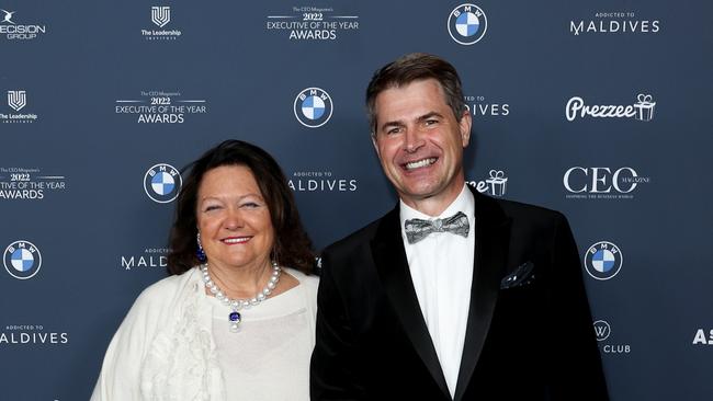 Gina Rinehart and Garry Korte at the CEO Magazine 2022 Executive Of The Year Awards in Sydney. Picture: Brendon Thorne/Getty Images