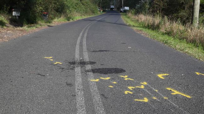 Former Comanchero Bikie William "Jock" Ross is in critical condition after a car driven by Neurosurgeon Charlie Teo's daughter Nicola Teo crossed onto the wrong side of the road and hit his motorbike on Settlers Road near Wiseman's Ferry. Pictured is the scene of the accident. Picture: David Swift.