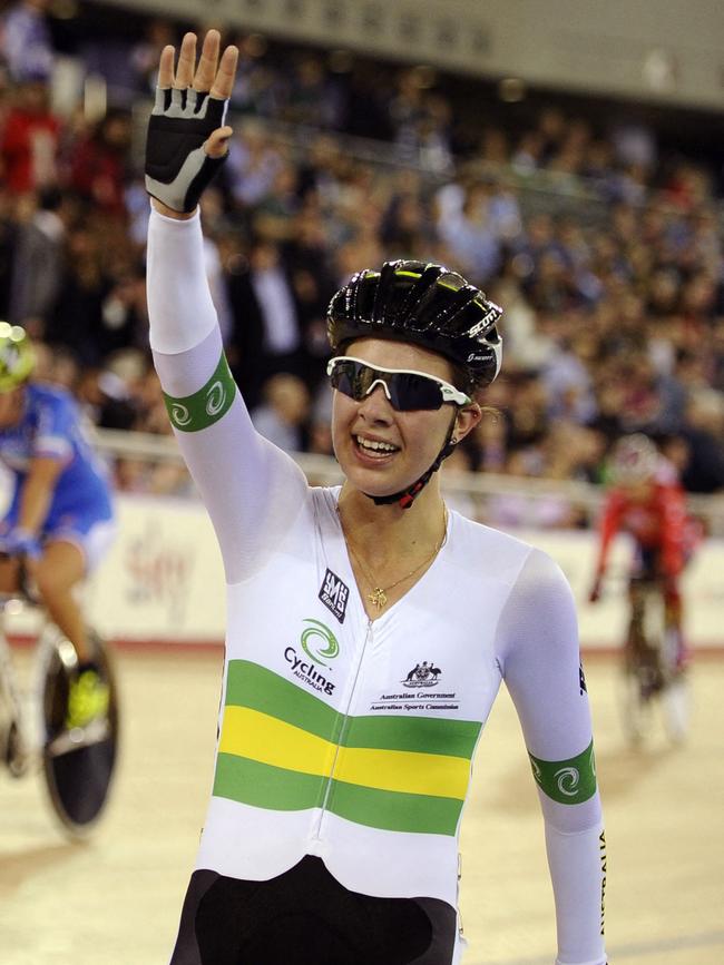 Melissa Hoskins celebrates winning the Women's Scratch race of the UCI World Cup track cycling at the Velodrome in the Olympic Park in London on February 17, 2012. Picture: Miguel MEDINA / AFP