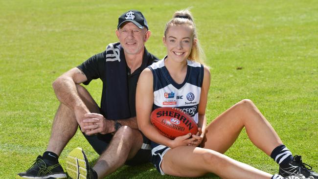 Former South Adelaide player Andrew Brockhurst and his daughter Emily. Brockhurst is South’s new SANFLW coach, taking over from Rick Watts. Picture: Brenton Edwards