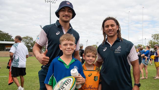 Jordan Petaia, Brodie Fraser, Mitchell Fraser and Isaak Fines-Leleiwasa as the Wallabies get around the NT Rugby Union community before the 2023 World Cup. Picture: Pema Tamang Pakhrin